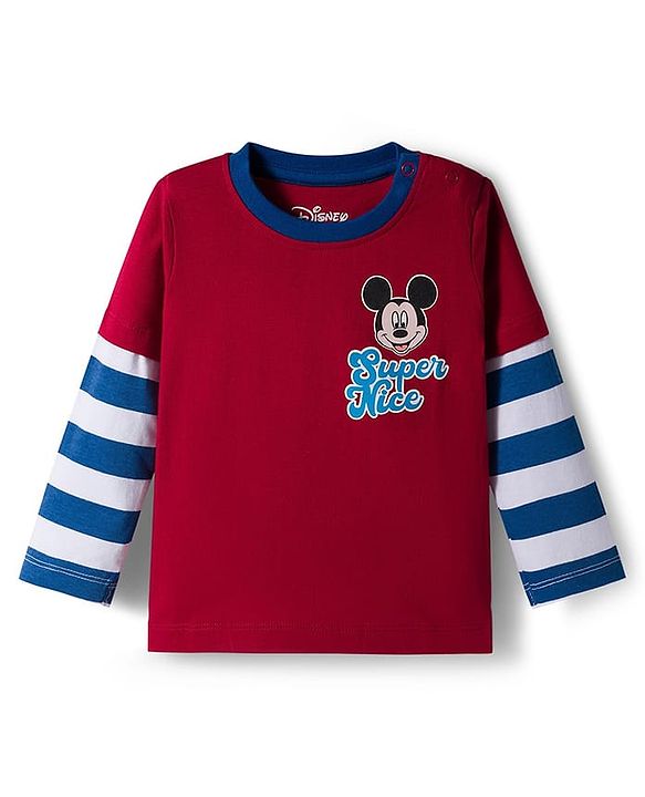 Babyhug Disney Single Jersey Knit Oversize Doctor Sleeves T-Shirt with Mickey Mouse Front and Back Graphic - Red Blue & White