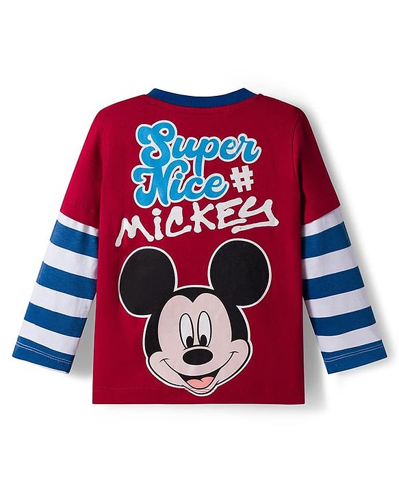 Babyhug Disney Single Jersey Knit Oversize Doctor Sleeves T-Shirt with Mickey Mouse Front and Back Graphic - Red Blue & White