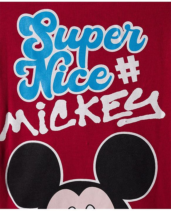 Babyhug Disney Single Jersey Knit Oversize Doctor Sleeves T-Shirt with Mickey Mouse Front and Back Graphic - Red Blue & White