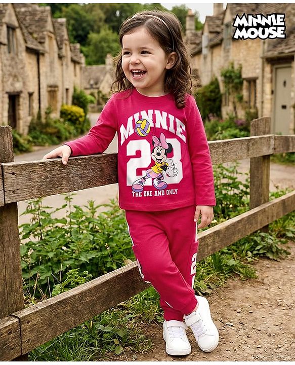 Babyhug Disney Single Jersey Knit Full Sleeves T-Shirt & Trackpant Set With Minnie Mouse Print - Dark Pink