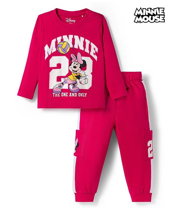 Babyhug Disney Single Jersey Knit Full Sleeves T-Shirt & Trackpant Set With Minnie Mouse Print - Dark Pink