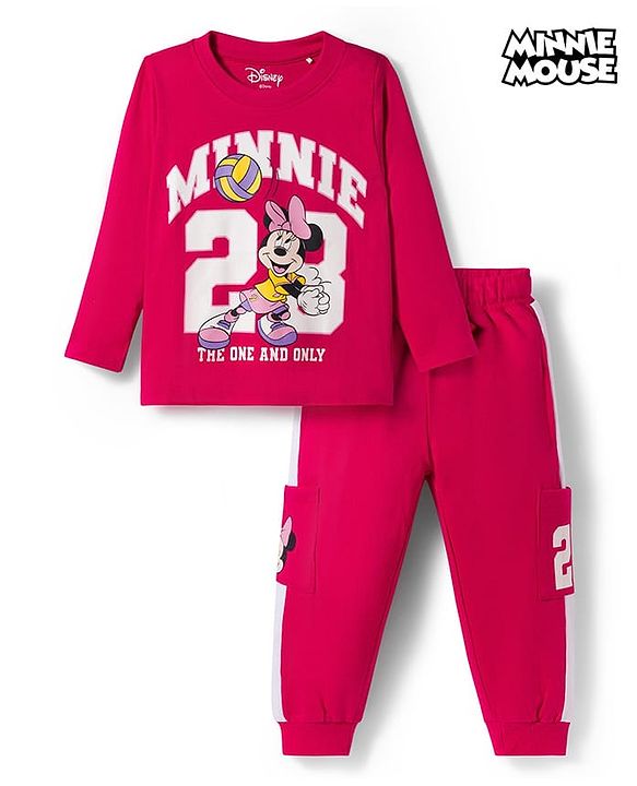 Babyhug Disney Single Jersey Knit Full Sleeves T-Shirt & Trackpant Set With Minnie Mouse Print - Dark Pink
