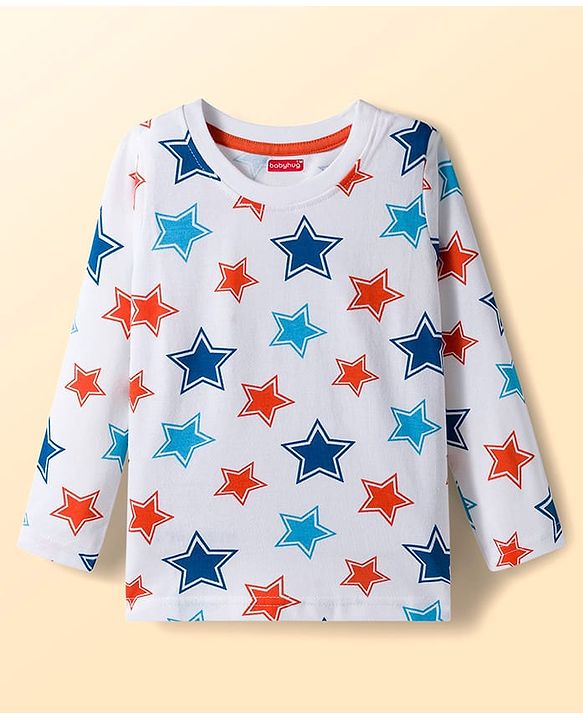 Babyhug 100% Cotton Knit Full  Sleeves T-Shirts with Star & Animal Print Pack of 3 - Orange & White Blue