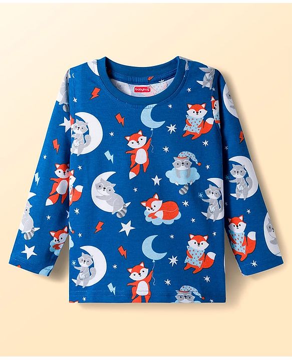 Babyhug 100% Cotton Knit Full  Sleeves T-Shirts with Star & Animal Print Pack of 3 - Orange & White Blue