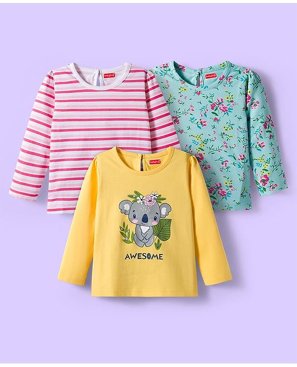 Babyhug 100% Cotton Knit Full Sleeves T-Shirts with Stripes Animal & Floral Print Pack of 3 - Light Blue Pink & Yellow