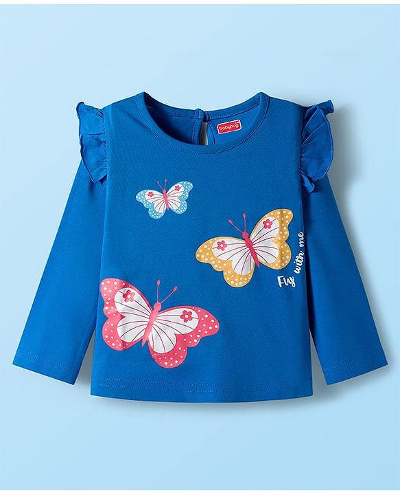 Babyhug 100% Cotton Knit Full Sleeves T-Shirts with Polka Dot Butterfly & Floral Print & Frill Detailing Pack of 3 - Pink Blue & White