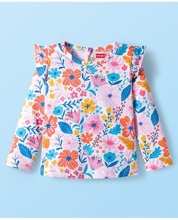 Babyhug 100% Cotton Knit Full Sleeves T-Shirts with Polka Dot Butterfly & Floral Print & Frill Detailing Pack of 3 - Pink Blue & White