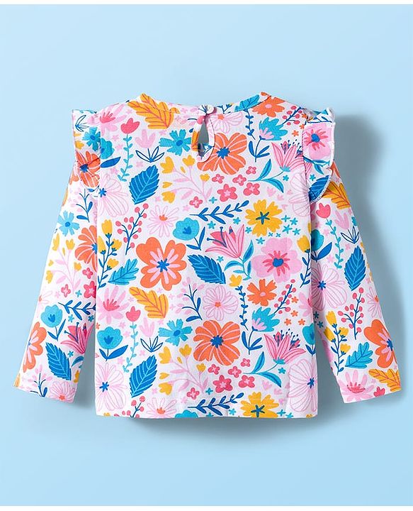 Babyhug 100% Cotton Knit Full Sleeves T-Shirts with Polka Dot Butterfly & Floral Print & Frill Detailing Pack of 3 - Pink Blue & White
