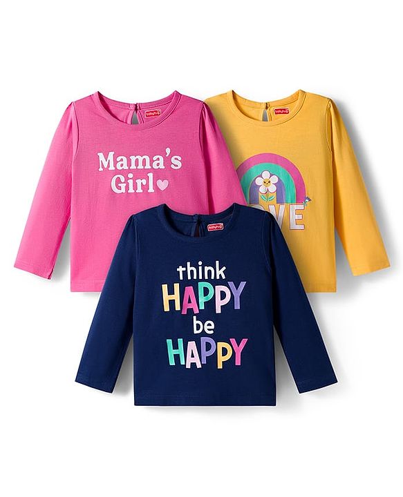 Babyhug 100% Cotton Knit Full Sleeves T-Shirts with Mamas Girl Text Print Pack of 3 - Pink Navy Blue & Yellow