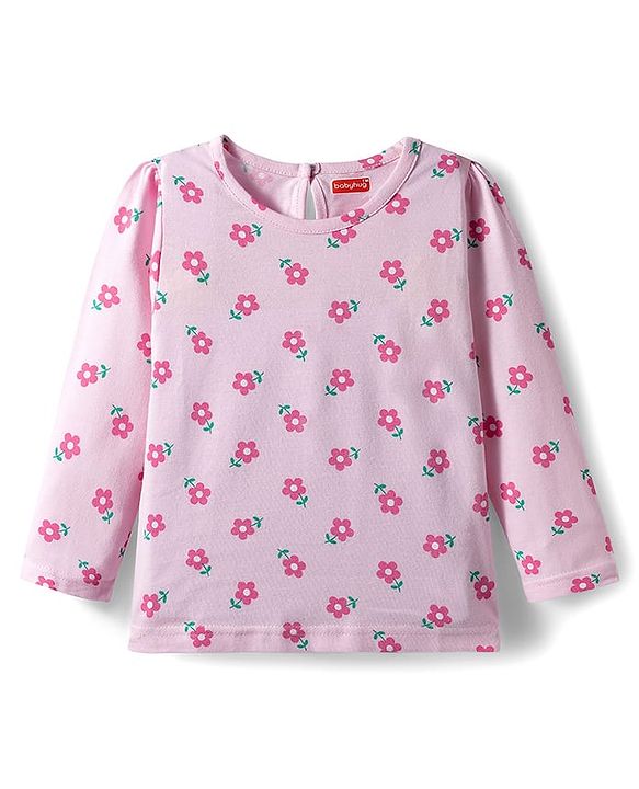 Babyhug 100% Cotton Knit Full Sleeves T-Shirts with Text & Floral Print Pack of 3 - Pink Lilac & Dark Pink