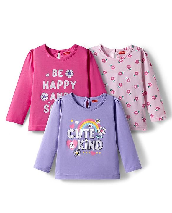 Babyhug 100% Cotton Knit Full Sleeves T-Shirts with Text & Floral Print Pack of 3 - Pink Lilac & Dark Pink