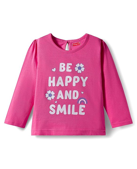 Babyhug 100% Cotton Knit Full Sleeves T-Shirts with Text & Floral Print Pack of 3 - Pink Lilac & Dark Pink
