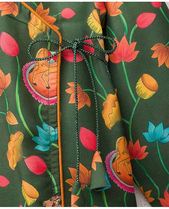Babyhug Chiffon Woven Full Sleeves Kurta Dhoti Set with Floral Print - Green