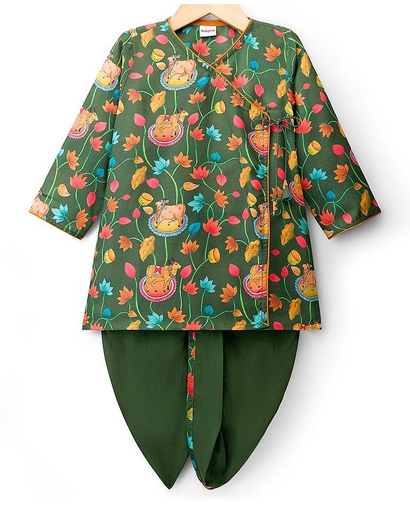 Babyhug Chiffon Woven Full Sleeves Kurta Dhoti Set with Floral Print - Green