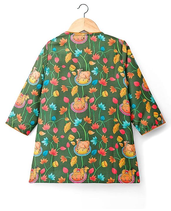 Babyhug Chiffon Woven Full Sleeves Kurta Dhoti Set with Floral Print - Green