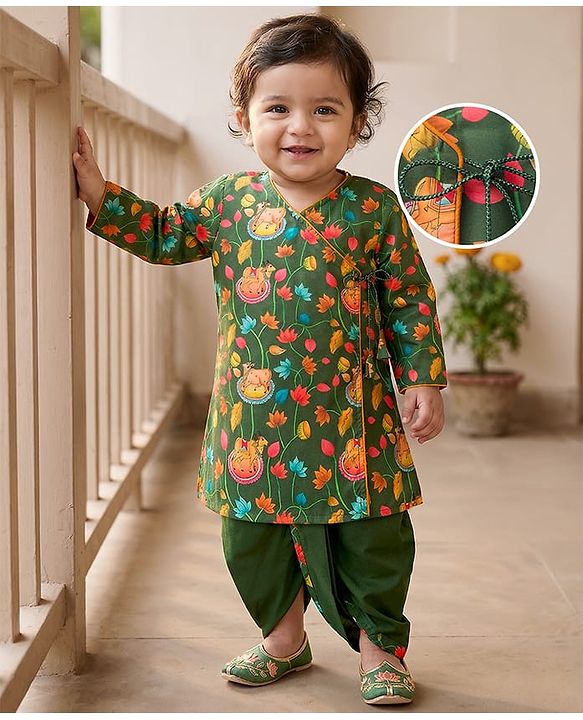 Babyhug Chiffon Woven Full Sleeves Kurta Dhoti Set with Floral Print - Green