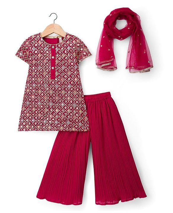 Babyhug Georgette Woven Half Sleeves Kurta Palazzo Set With Sequin Detailing & Dupatta - Dark Pink