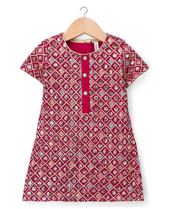 Babyhug Georgette Woven Half Sleeves Kurta Palazzo Set With Sequin Detailing & Dupatta - Dark Pink