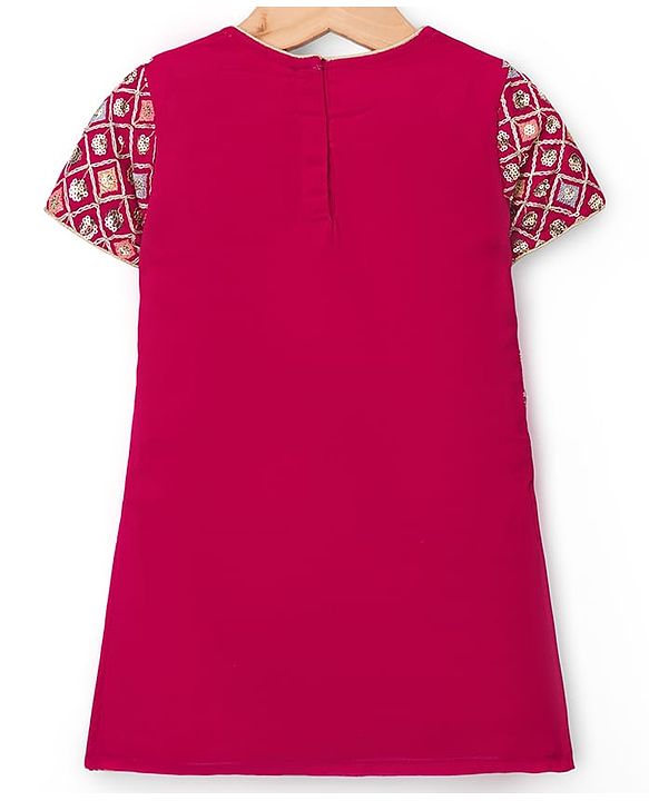 Babyhug Georgette Woven Half Sleeves Kurta Palazzo Set With Sequin Detailing & Dupatta - Dark Pink