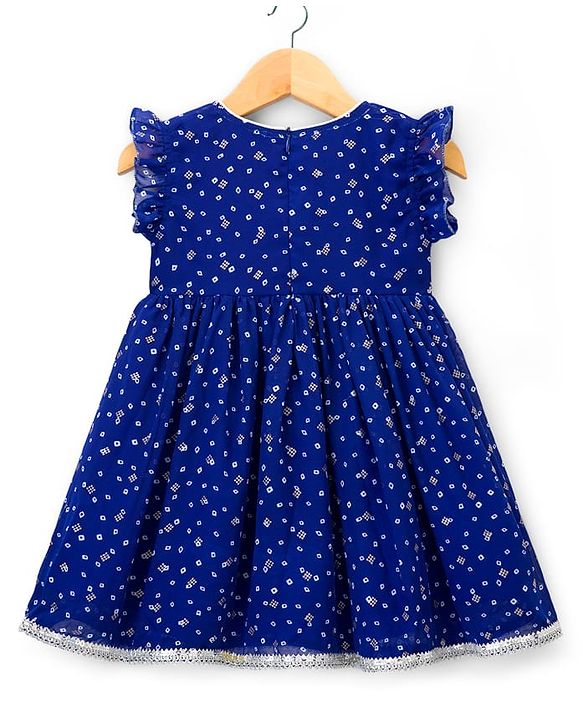 Babyhug Georgette Woven Sleeveless Ethnic Dress With Bandhani Print & Floral Embriodery - Blue