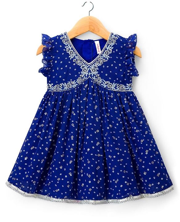 Babyhug Georgette Woven Sleeveless Ethnic Dress With Bandhani Print & Floral Embriodery - Blue