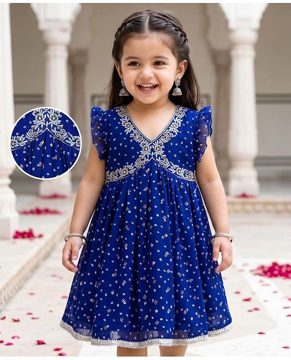 Babyhug Georgette Woven Sleeveless Ethnic Dress With Bandhani Print & Floral Embriodery - Blue