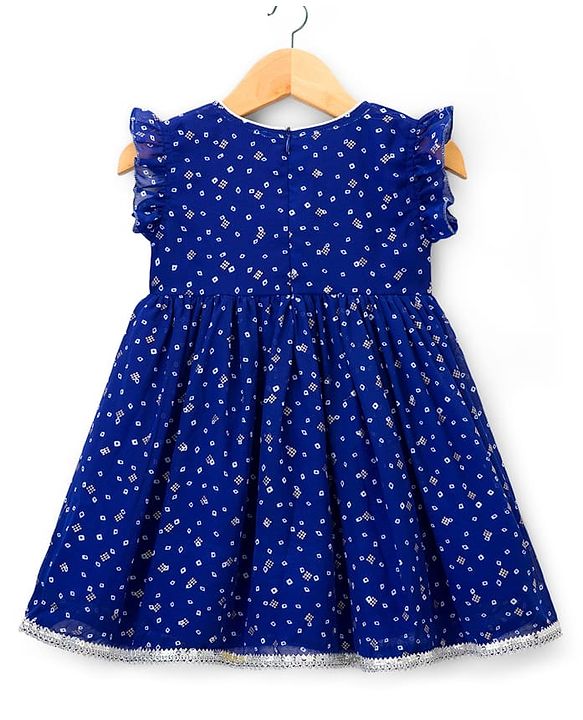 Babyhug Georgette Woven Sleeveless Ethnic Dress With Bandhani Print & Floral Embriodery - Blue