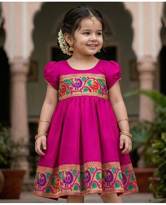Babyhug Woven Half Sleeves Ethnic Dress With Brocade Design - Fuschia