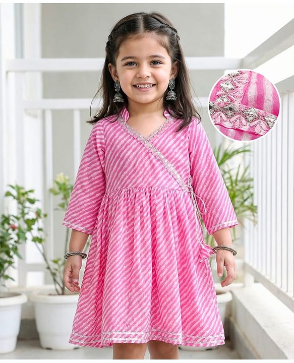 Babyhug Cambric Woven Three Fourth Sleeves Printed Ethnic Dress - Pink