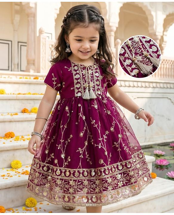 Babyhug Mesh Woven Half Sleeves Ethnic Dress With Floral Embroidery & Sequin Detailing - Wine