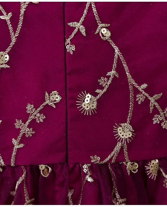 Babyhug Mesh Woven Half Sleeves Ethnic Dress With Floral Embroidery & Sequin Detailing - Wine
