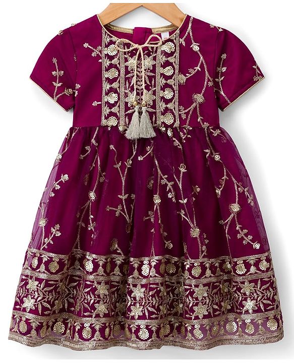 Babyhug Mesh Woven Half Sleeves Ethnic Dress With Floral Embroidery & Sequin Detailing - Wine