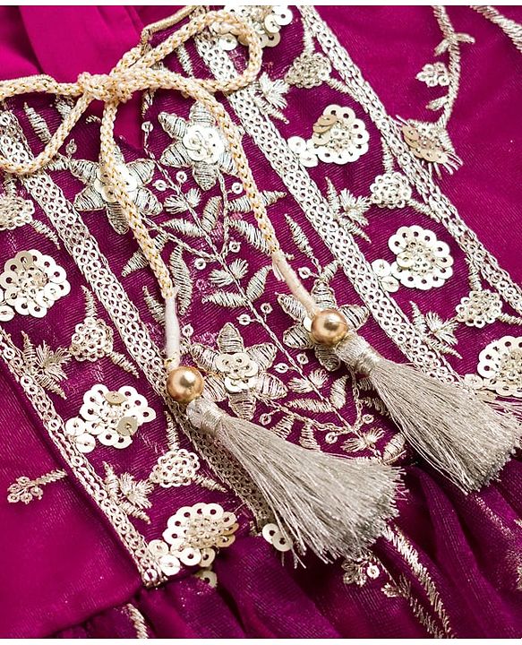 Babyhug Mesh Woven Half Sleeves Ethnic Dress With Floral Embroidery & Sequin Detailing - Wine