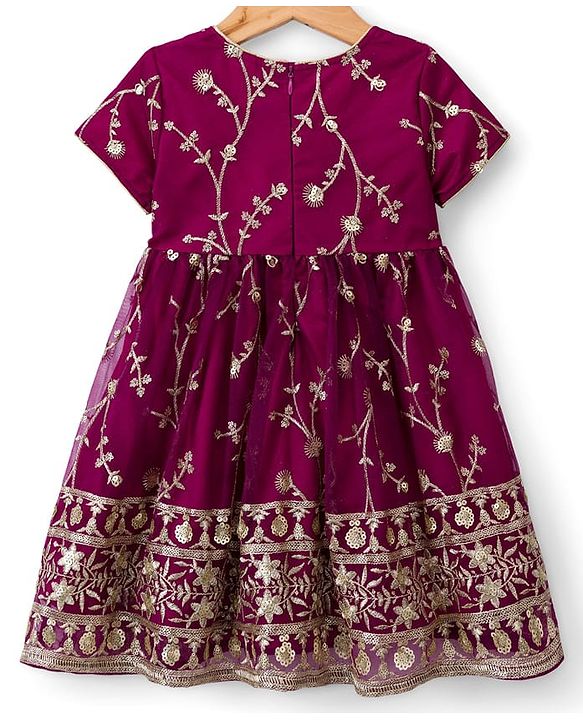 Babyhug Mesh Woven Half Sleeves Ethnic Dress With Floral Embroidery & Sequin Detailing - Wine
