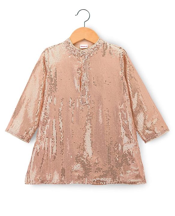 Babyhug Woven Full Sleeves Kurta Pajama Set with Sequin Detailing - Golden