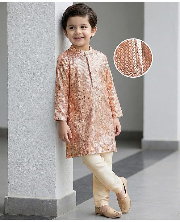 Babyhug Woven Full Sleeves Kurta Pajama Set with Sequin Detailing - Golden
