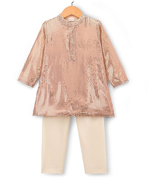 Babyhug Woven Full Sleeves Kurta Pajama Set with Sequin Detailing - Golden