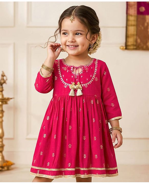 Babyhug Woven Three Fourth Sleeves Ethnic Dress With Floral Foil Print - Dark Pink