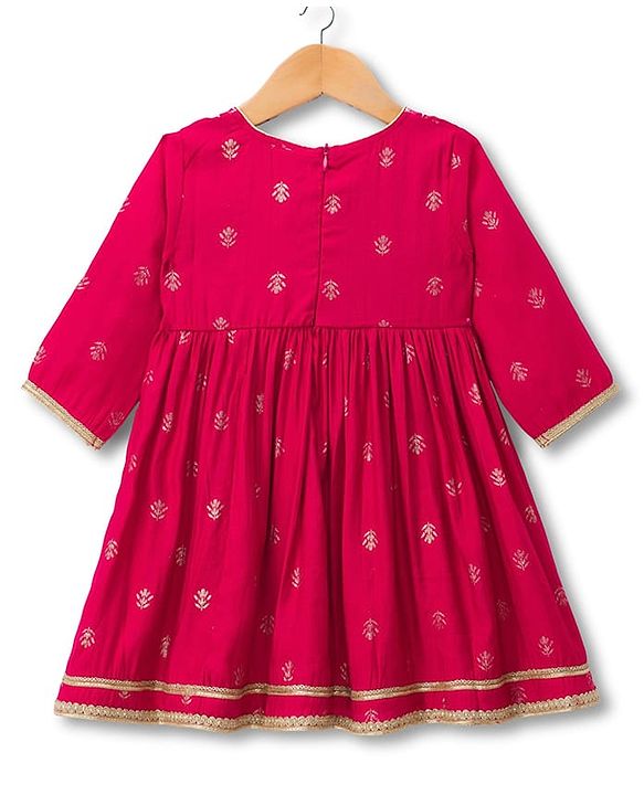 Babyhug Woven Three Fourth Sleeves Ethnic Dress With Floral Foil Print - Dark Pink