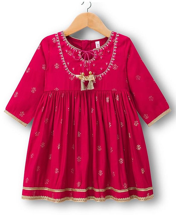 Babyhug Woven Three Fourth Sleeves Ethnic Dress With Floral Foil Print - Dark Pink