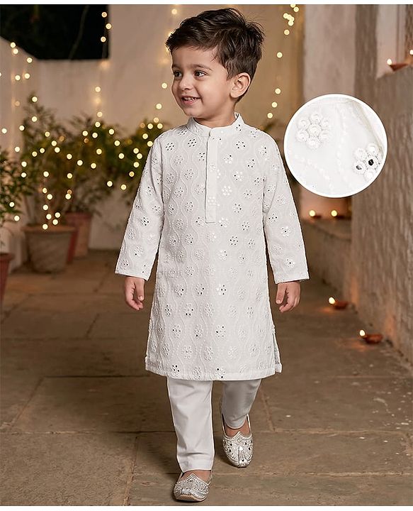 Babyhug Georgette Woven Full Sleeves Kurta Pajama Set with Embroidery - White