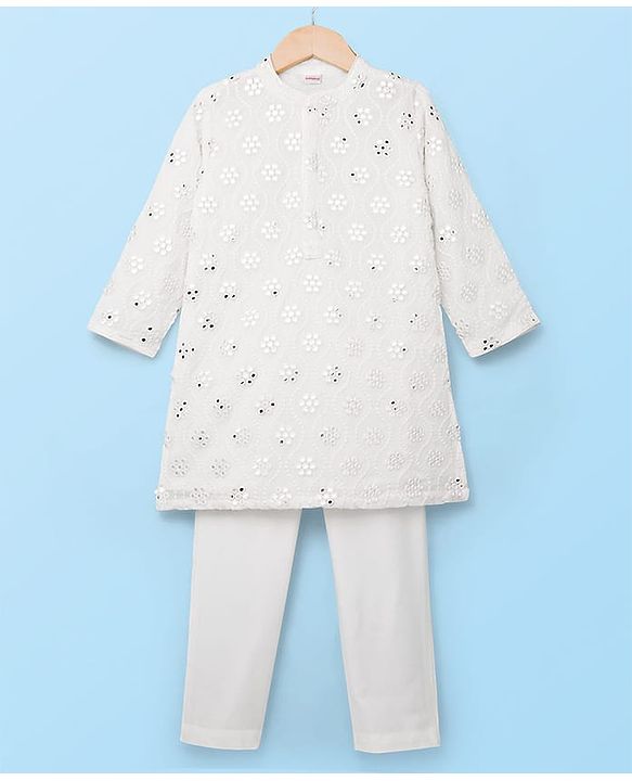 Babyhug Georgette Woven Full Sleeves Kurta Pajama Set with Embroidery - White