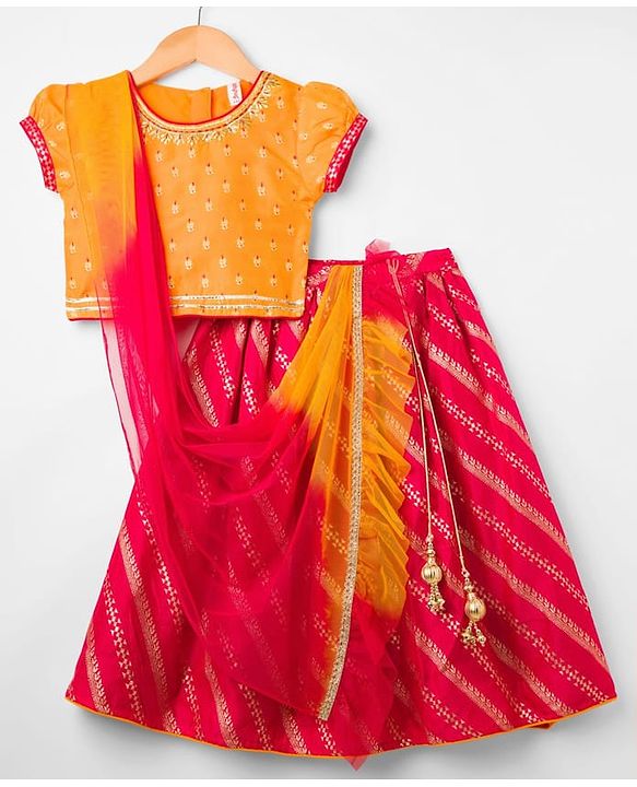 Babyhug Brocade Woven Half Puffed Sleeves Choli Lehenga Set with Dupatta & Motif Embroidery - Red & Yellow