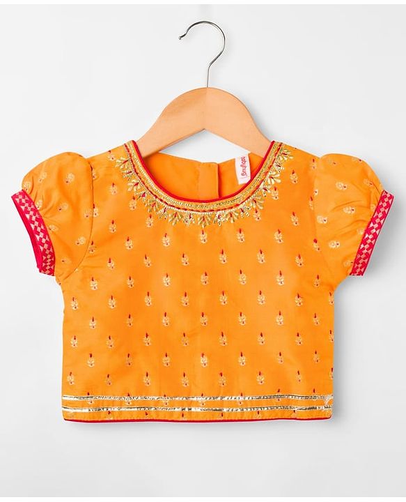Babyhug Brocade Woven Half Puffed Sleeves Choli Lehenga Set with Dupatta & Motif Embroidery - Red & Yellow