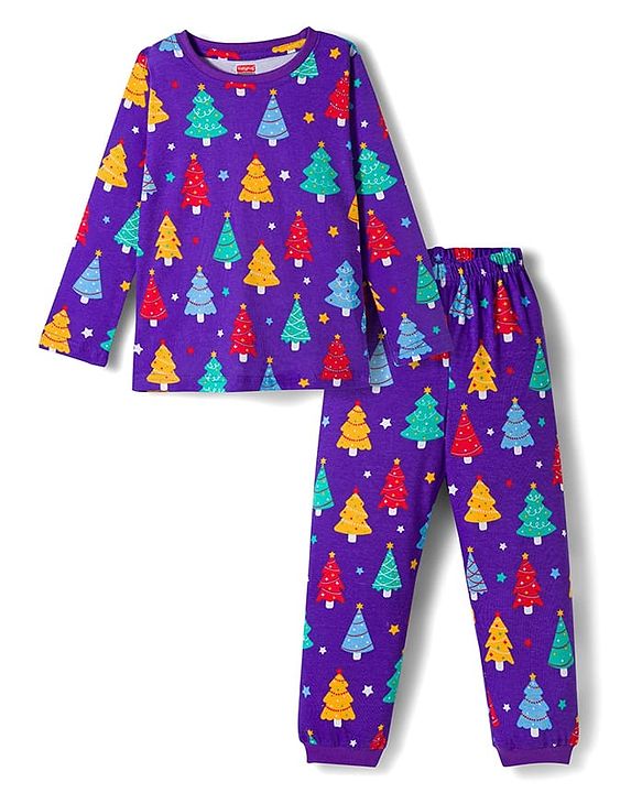 Babyhug Cotton Knit Full Sleeves Co-ords Night Suit With Tree Print - Purple