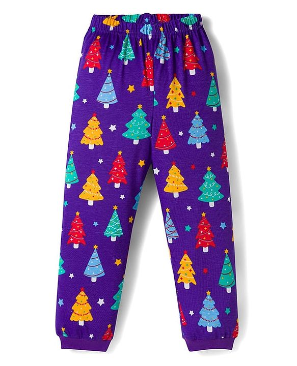 Babyhug Cotton Knit Full Sleeves Co-ords Night Suit With Tree Print - Purple
