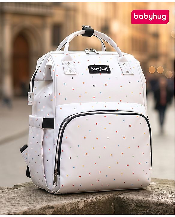 Babyhug Multipurpose Spacious Diaper Backpack Star Print - White| Adjustable Shoulder Strap|Insulated Bottle Pouch|Smart Back Zipper| Wipes Dispenser|Fishmouth Opening|Stylish Design|Attach to Trolley