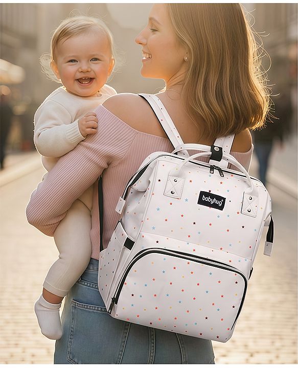 Babyhug Multipurpose Spacious Diaper Backpack Star Print - White| Adjustable Shoulder Strap|Insulated Bottle Pouch|Smart Back Zipper| Wipes Dispenser|Fishmouth Opening|Stylish Design|Attach to Trolley