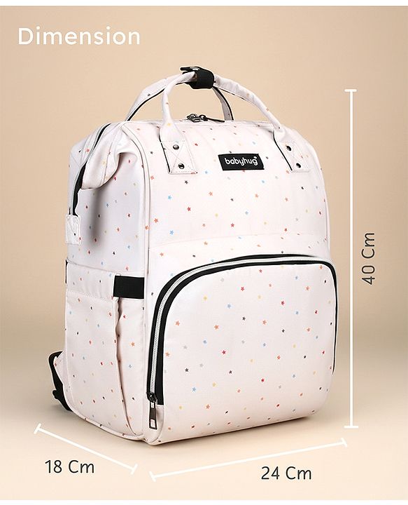 Babyhug Multipurpose Spacious Diaper Backpack Star Print - White| Adjustable Shoulder Strap|Insulated Bottle Pouch|Smart Back Zipper| Wipes Dispenser|Fishmouth Opening|Stylish Design|Attach to Trolley