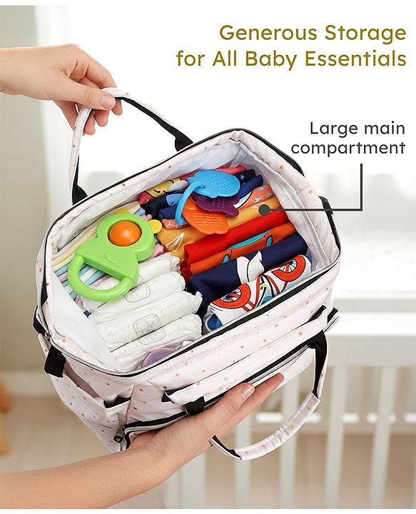 Babyhug Multipurpose Spacious Diaper Backpack Star Print - White| Adjustable Shoulder Strap|Insulated Bottle Pouch|Smart Back Zipper| Wipes Dispenser|Fishmouth Opening|Stylish Design|Attach to Trolley